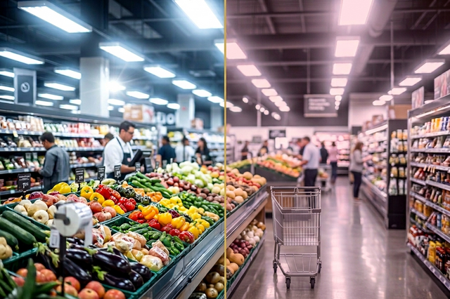 Person mit FL41 Brille in einem hellen Supermarkt