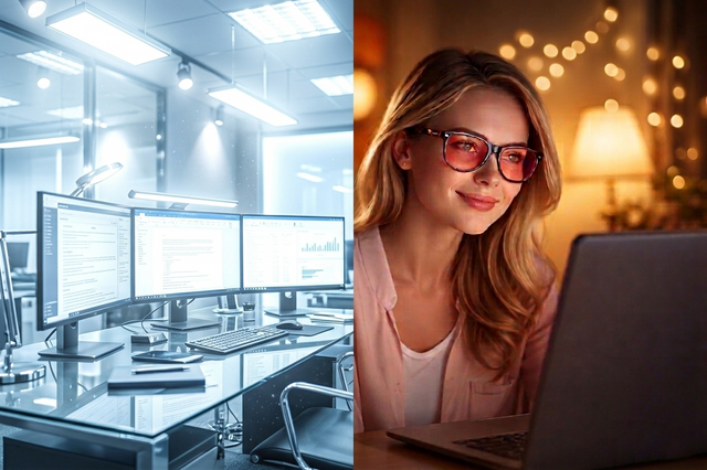 Person mit FL41 Brille beim Arbeiten an einem hellen Arbeitsplatz