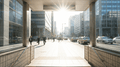 Täglicher Arbeitsweg scene, walking out of a subway station exit into bright daylight, street view with intense sun glare.